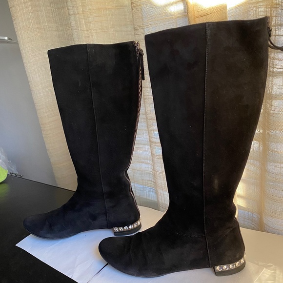 MIU MIU by Prada black suede below knee high boots crystal heels 36-6 zipper - Picture 2 of 12